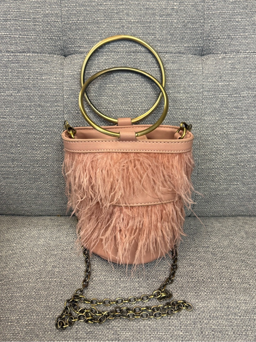 Pink Ostrich Feather Bucket Bag with Gold Ring Handles